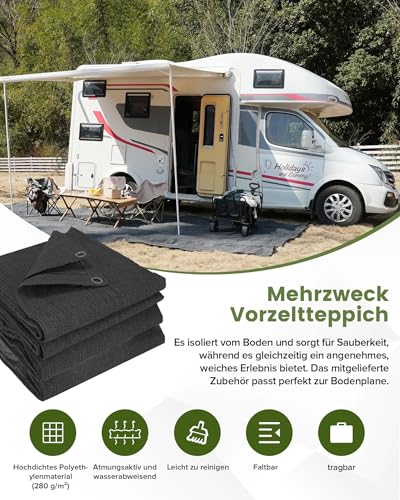 FoundGo Vorzeltteppich mit Ösen [280g/m² HDPE] Camping Teppich Outdoor Vorzeltboden inkl. Tragetasche 8 Stahlnägel & Wäscheleine Anthrazit – Ansicht 2