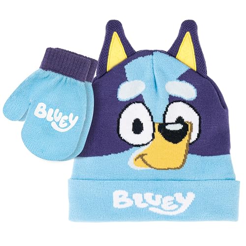 Bluey Bandit and Chilli Toddler Hat with Winter Mittens for Kids – Warm Winter Hat for Toddler with Kids Mittens