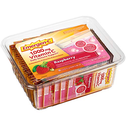 Emergen-C Vitamin C 1000mg Powder (50 Count, Raspberry Flavor), with Folic Acid, Antioxidants, B Vitamins and Electrolytes, Dietary Supplement Fizzy Drink Mix, Caffeine Free