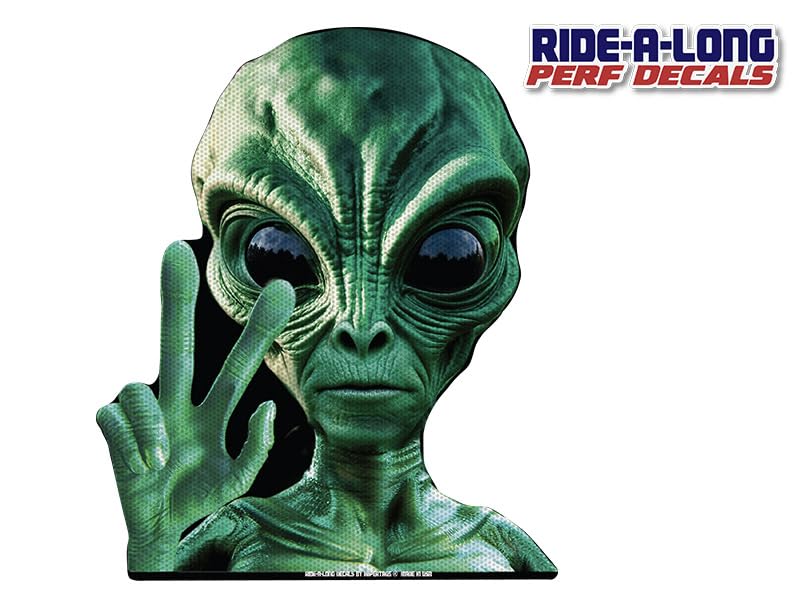 Image of Alien Peace Waving Ride-A-Long 12 inch inch Perforated Laminated See Thru Window Decal attaches to Rear Side Window. Made in USA.