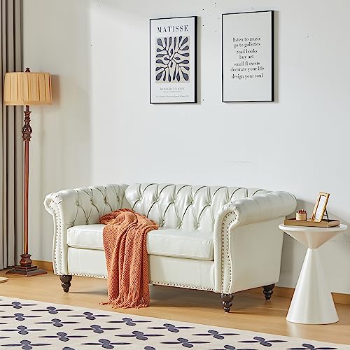 Image of LEVNARY Leather Sofa, Chesterfield Tufted Upholstered 2 Seater Couch, Modern Loveseat Couch Classic Furniture for Living Room Bedroom (Cream White)