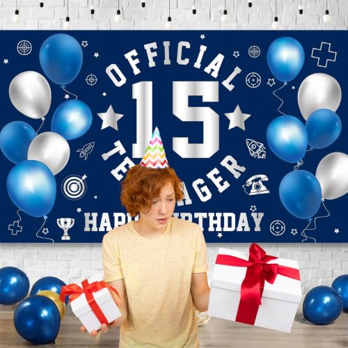 Image of 15th Birthday Decorations for Boys, Happy 15th Birthday Banner Backdrop | Large Official Teenager 15th Backdrop15 Year Old HBD Party Decorations Supplies Blue Silver