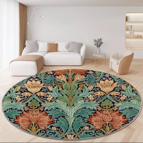 Genérico Alfombra Redonda Lavable de 90 cm, William Morris Vintage Plantas Imprimir Franela Antideslizante Alfombra Redonda, Verde Alfombras para Sala de Estar Dormitorio Pasillo Cocina