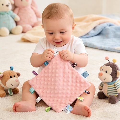 Image of CREVENT Security Blanket for Babies, Soft Baby Lovey Comforter, Sensory Plush Blanket for Baby Girls, Calming Sleep Companion, 10 inch x 10 inch 2pcs
