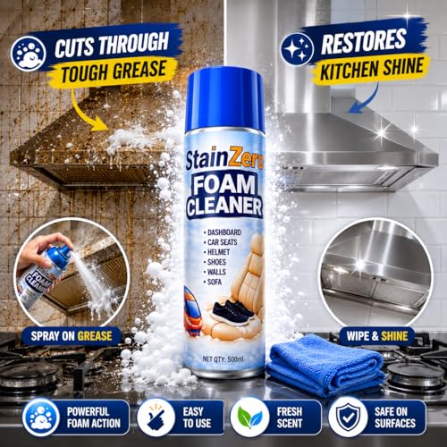 Image of StainZero Foaming Interior Cleaner 500ml | Powerful Foam Formula for Car Dashboard, Seats, Helmet, Shoes, Walls. Upholstery, Fabric, Vinyl, Plastic & Leather | Removes Dirt, Dust & Stains