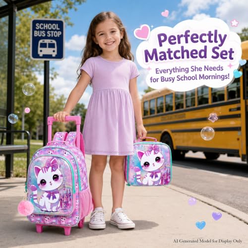 Image of CCJPX 3PCS Rolling Backpack for Girls,Kids Cat Backpacks with Roller Wheels, Wheeled Bookbag with Lunch Box for Toddler Elementary School