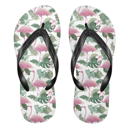 ALAZA Flamingo Monstera Leaves Flip Flops for Women Fashion Beach Slippers Comfort Mens Flip Flops Non-Slip Rubber Shower Slippers Sandal for Hotel Travel Sport,XS