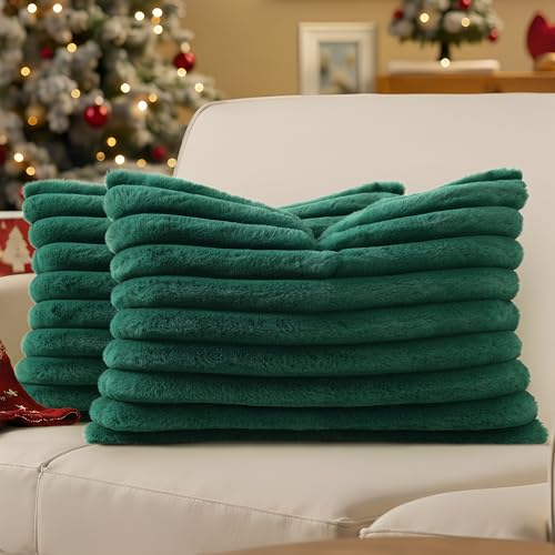 Image of decorUhome Fall Faux Fur Throw Pillow Covers 12x20 Set of 2 Christmas Green