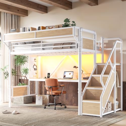 Image of Bellemave Twin loft Bed with Storage Stairs, Wardrobe, Shelves, Metal Twin Loft Bed Frame for Adults, Kids, Teens, White+Natural Wood with Stairs