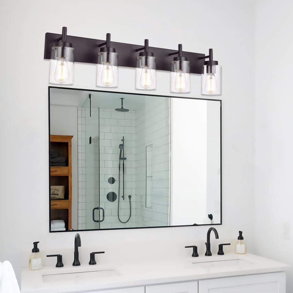VINLUZ 5 Lights Bathroom Vanity Light Fixture Oil Rubbed Bronze Sconces Wall Lighting Modern Industrial Indoor Wall Mounted Lamp Farmhouse for Kitchen Hallway (Patent No.: US D958,438 S)