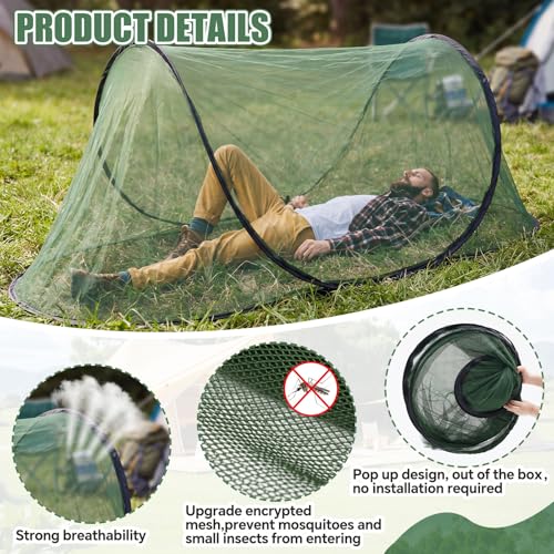 Image of 2 Pcs Large Pop up Mosquito Tent Portable Foldable Mosquito Bug Net for Bed Camping Travel Patio Outdoor 78 * 31 * 22 Inch Bug Netting Mesh Tent Canopy for Adults Bedroom, Green