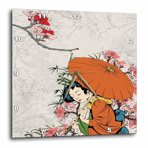 3dRose Wall Clock Silent - 10 inch - Lovely Japanese Geisha with Umbrella and Sakura Cherry Blossom Flowers Illustration - Oriental Inspired Designs