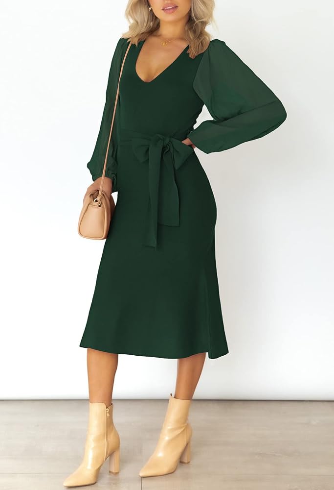 chiffon dress knit sweater Falvurt Women's Rib Midi Scoop Neck Long Puff Sleeve Swing Dresses, Dark Green, Large Clothing, Shoes & Accessories not itchy at all) Waist Size:33″ Corduroy Dress and Suede Traditional Baptism Outfit