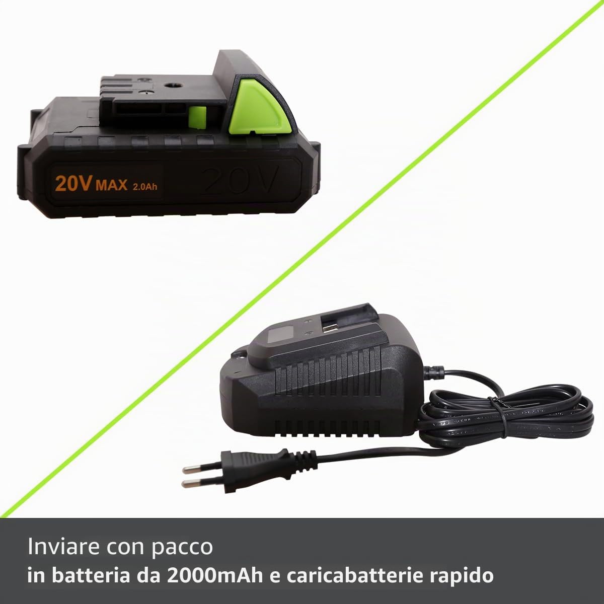 Soffiatore per foglie a batteria da 2,0 Ah, con caricatore rapido, utilizzato e una batteria per giardini, prati e cura delle foglie cadute