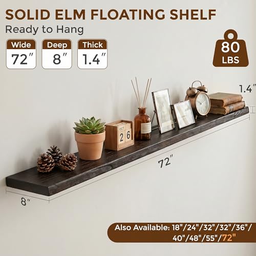 Image of Dreamland 72 Inch Floating Shelves for Wall, Solid Elm Wood Live Edge Wall Shelves for Living Room, Bedroom, Kitchen, Bathroom, Wall Mounted Long Floating Shelf Set of 1, Walnut