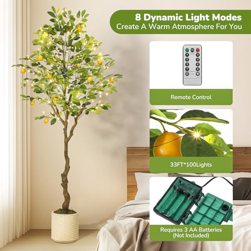 GarveeHome 6FT Artificial Lemon Tree Indoor, Pre Potted Faux Lemon Tree with Realistic Fruit and Lifelike Leaves, Fake Lemom Plant with 100 Lights for Indoor Home Decor Office Living Room