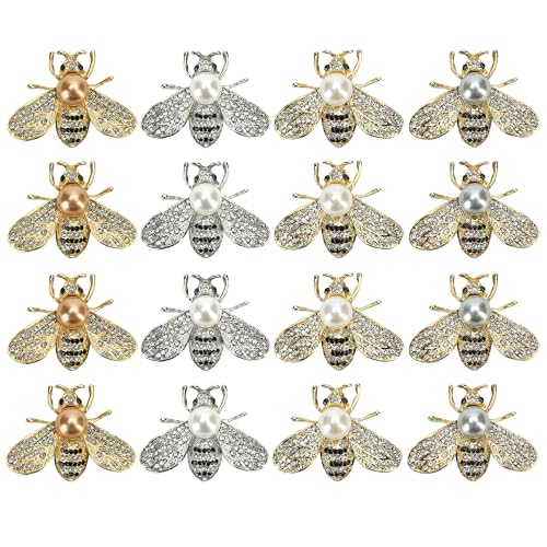 16 PCS Honey Bee Brooch Pins Bulk - Gold Designer Brooches for Women - Crystal Insect Themed with Faux Pearl - Fashion Lapel Gift for Birthday, Dating, Party, Anniversary