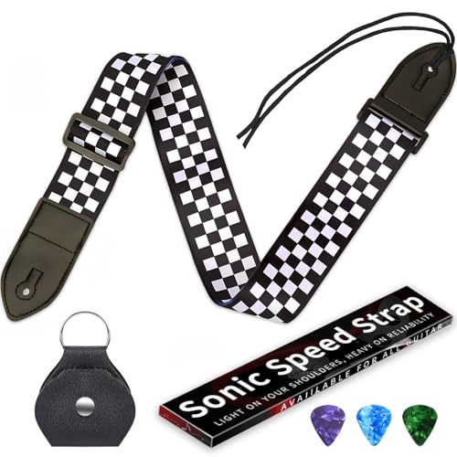 Qivorimith Guitar Strap,Acoustic Electric Guitar With Leather Pick Box and 3 PCS Picks Guitar Accessories,Available for All Guitars(Black White Grid)