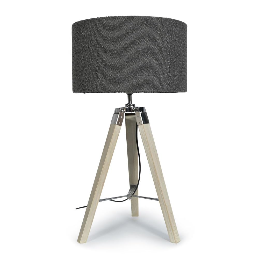 Valuelights Charcoal Clipper Light Wood Tripod Table Lamp Light With Boucle Shade In | Size: 35Cm Diameter X 21Cm High