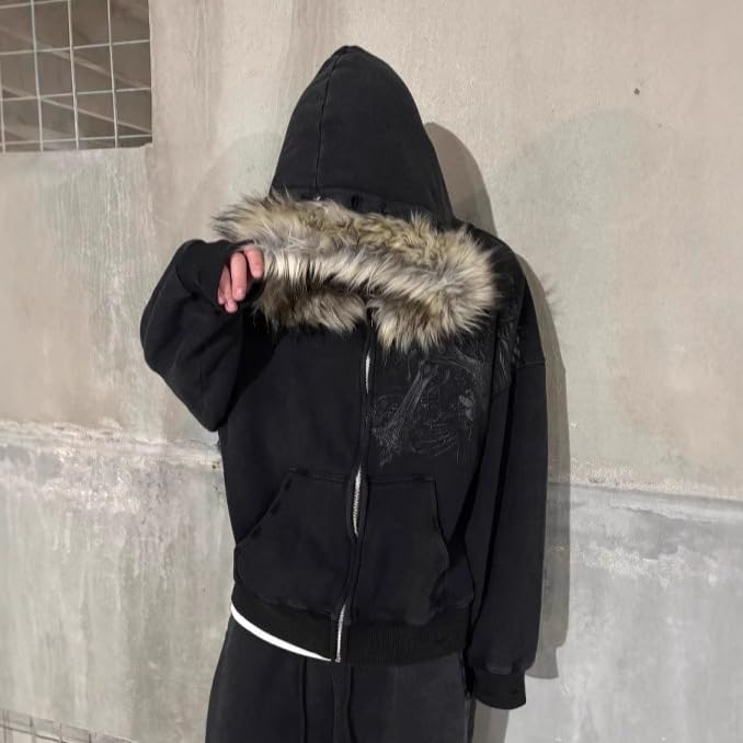Men Y2k Zip Up Hoodie Fur Hooded Gothic Cross Graphic Jacket Emo