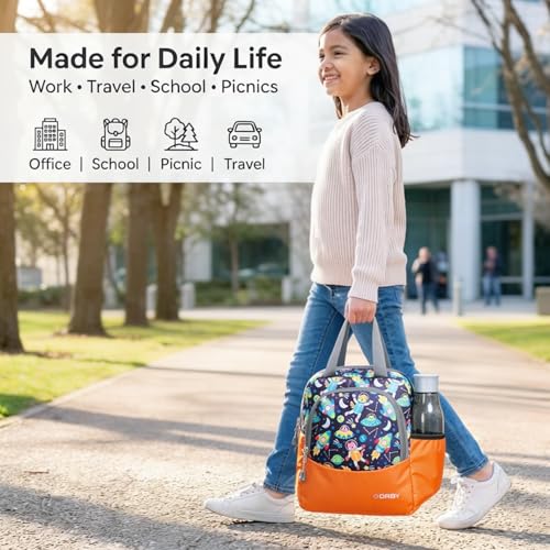 Image of ORBY Lunch Bag Galaxy Spaceship Orange | Water-Repellent Durable Fabric | Tiffin Bag with Bottle Holder & Front Pocket | Strong Zipper & Spacious Meal Storage (Spaceship Pattern, Orange)