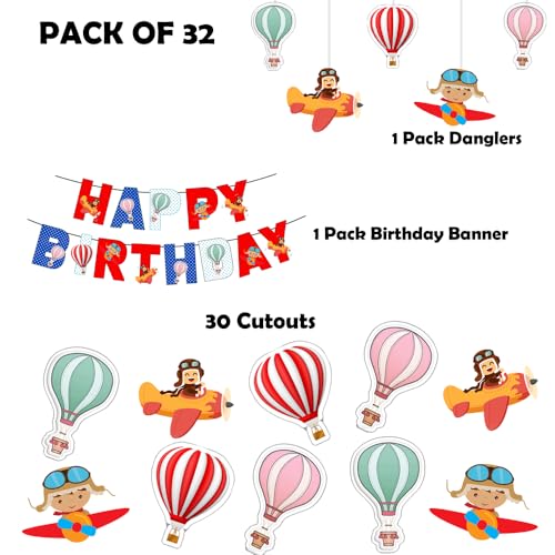 Image of Airplane Happy Birthday Banner for Kids Party, Aeroplane and Hot Air Balloon Decoration for Boys and Astonaut Baby Celebration, Wall Hanging Space Birthday Banner for Home(Pack of 1)