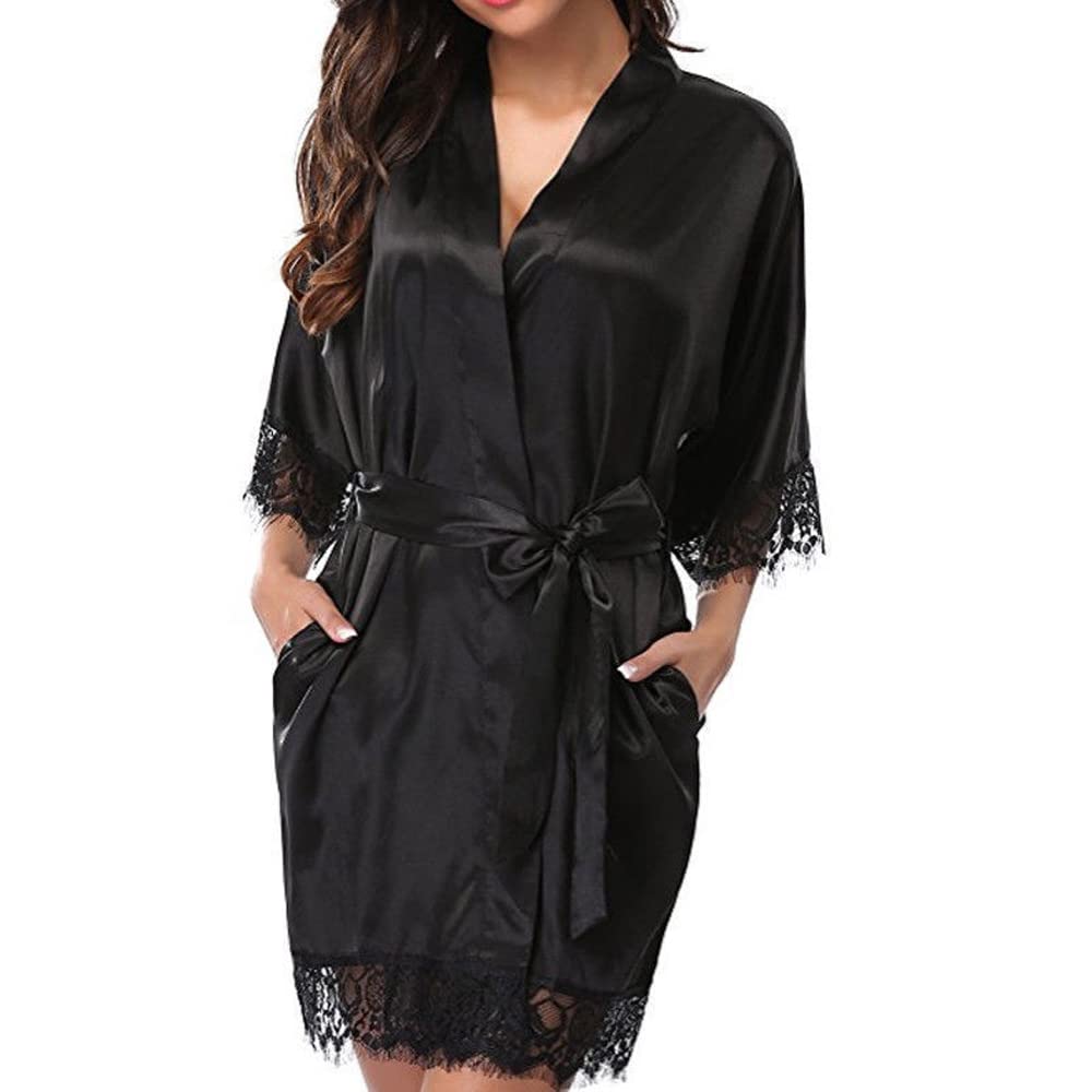 TOEECY Bata Kimono Mujer Verano Corto Sexy Batas Novia Ligero Suave Vestir de Satén Albornoz con Cinturón y Bolsillas Pijamas de Boda de dama de honor Cuello en V Camisón Ribete Encaje