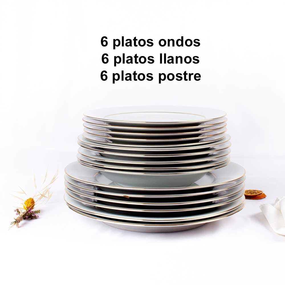 FranquiHOgar Juego de platos de porcelana blanca (18 piezas) Bremen, 6 platos llanos, 6 platos hondos, 6 platos de postre, filo de oro