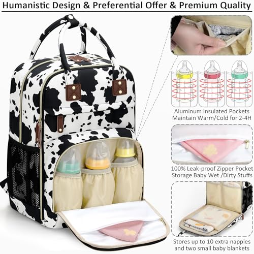Image of Tenot Diaper Bag Backpack for Women with Changing Pad, Baby Bag with Insulated Pockets Multifunctional Diaper Bags For Baby Girl Boy Waterproof Baby Bags For Boys Girls Maternity Bag Cow Print