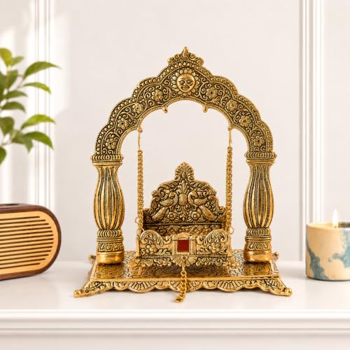 Image of Metal Laddu Gopal Krishna Swing Jhula for Janmashtami Pooja, Decorative Bal Gopal Mandir Swing for Home Temple, Festival Decoration, Pooja Room Decor & Religious Gift