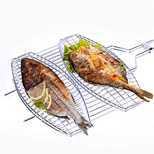 ZHHWYP BBQ Grill Basket, Portable BBQ Tool,Steel Mesh Foldable Wooden Handle,Can bake multiple fish at a time,68 * 40 * 3cm