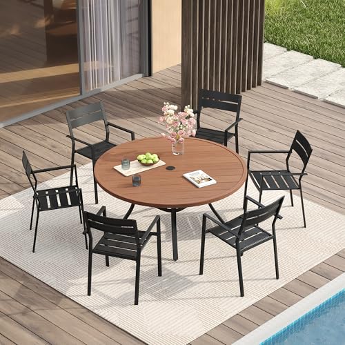 Image of VICLLAX 47.2 inch Round Patio Table for 6, All Weather Metal Outdoor Dining Table with Adjustable Umbrella Hole, Walnut Wood-Like Tabletop