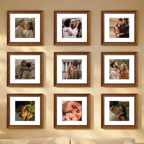 Image of Art Street Wooden Photo Frame for living room, Aesthetic Cave Design Photo Frames for Photograph, Art Work, Certificates Set of 9 (12x12 Inch, Brown)