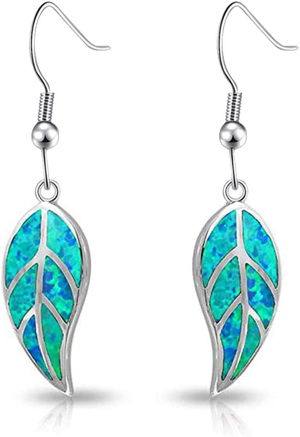 CiNily 18K White Gold Plated Leaf Opal Dangle Drop Earrings for Women Teen Girls Hypoallergenic Opal Jewelry Gift