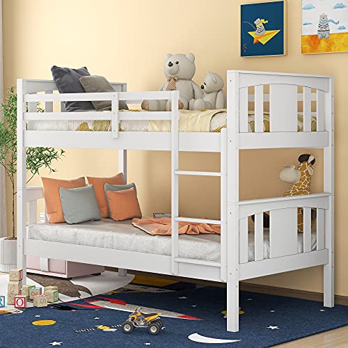 Bunk Bed, Twin Over Twin Bunk Beds, Solid Wood Twin Bunk Bed Frame with Guard Rails and Ladder for Kids Boys Girls Teens Adults, Can be Convertible to 2 Beds, No Box Spring Needed, White