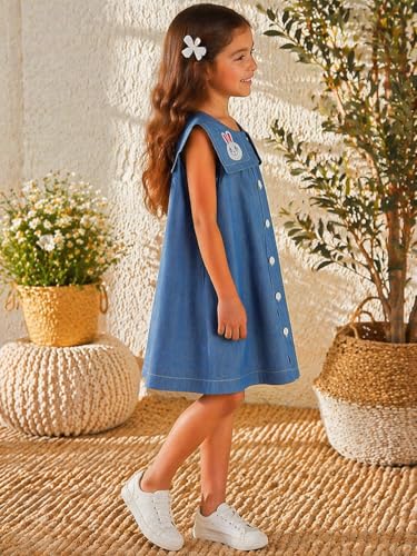Image of superminis Girls Denim Solid Color Half Sleeves Dress with Embroidered Pocket (1 Dress)