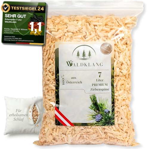 Waldklang Zirbenspäne 7 Liter - Zirbenholz aus Österreich - Füllmaterial für Kissen - Ideal für Holzdeko - Doppelt von Hand gesiebt (7 Liter)