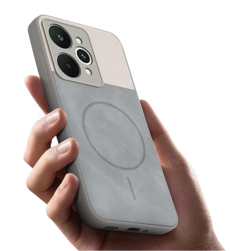 Image of Bintage case Macc-Safe Design Hard Light Weight Back Case | Soft Border Camera Protect | Dual PU Leather Finish Back Cover Compatible for Realme 15 Pro 5G - White & Grey