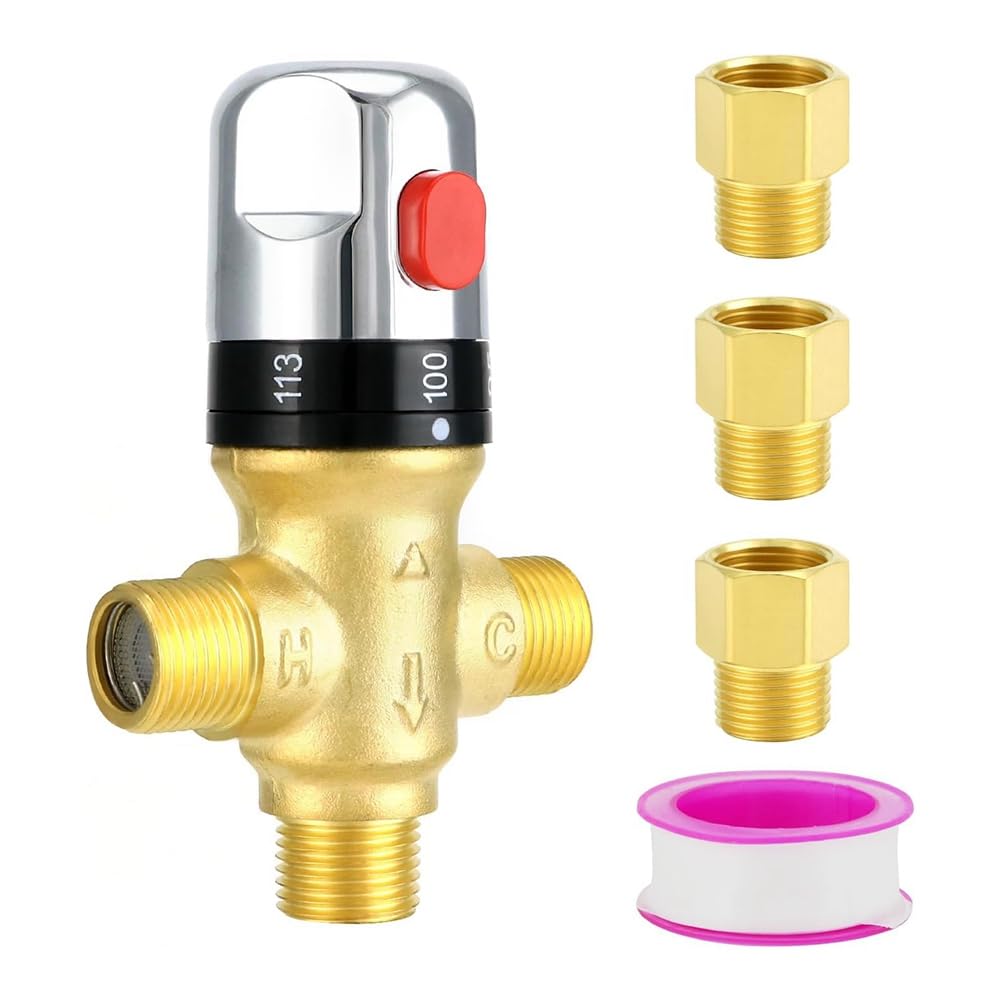 CTRLZS Solid Brass Thermostatic Mixing Valve, 1/2 NPT Pipe Water Valve with Temperature Control-Includes 3 Adapters