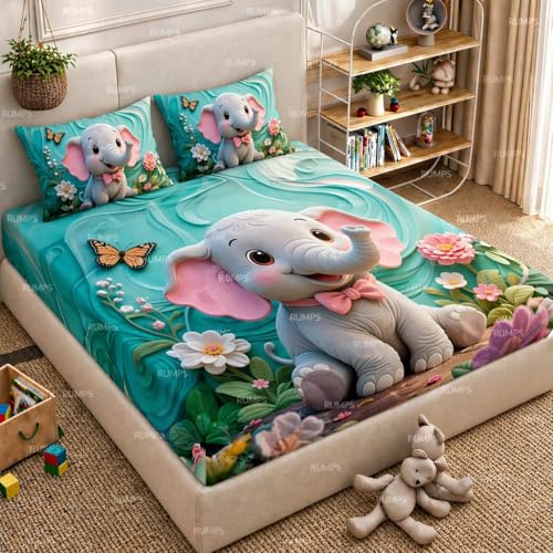 Image of RUMPS 7D Cute Baby Elephant Kids Bedsheet with 2 Pillow Covers | King Size Flat Bedsheet 90x100 Inch | Soft Microfiber Floral Cartoon Elephant Print Bed Sheet
