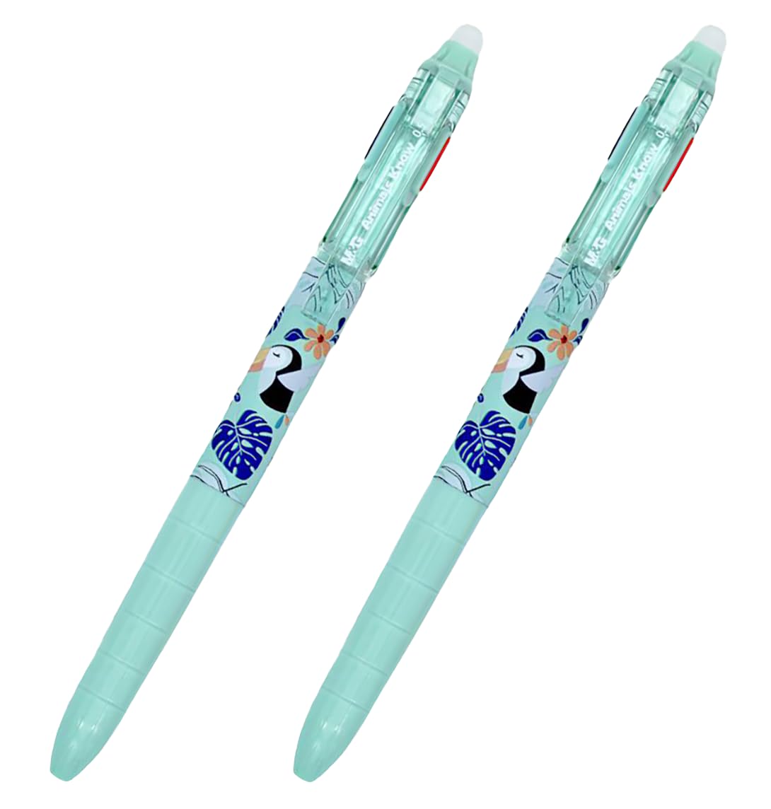 Boligrafos Borrable 3 en 1, Boligrafos de 3 colores AZUL, NEGRO, ROJO con Dibujos Animados Lindos, Boligrafos de Tinta Gel Azul de 0,5mm (verde, 2)