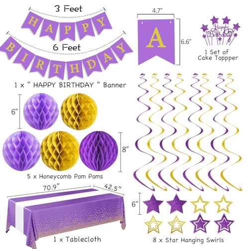 Image of Purple Gold Birthday Party Decorations Supplies Happy Birthday Banner Honeycomb Balls Fringe Curtain Foil Balloons Hanging Swirls Cake Topper Tablecloth Party Supplies for Women Girls