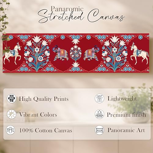 Image of Mughal folk Art Vibe Flower Canvas Wall Art Painting For Living Room, Mughal-Inspired Elephant & Horse Painting Red Traditional Floral Ethnic Wall Art For Home & Office Decor - 13x47 Inch