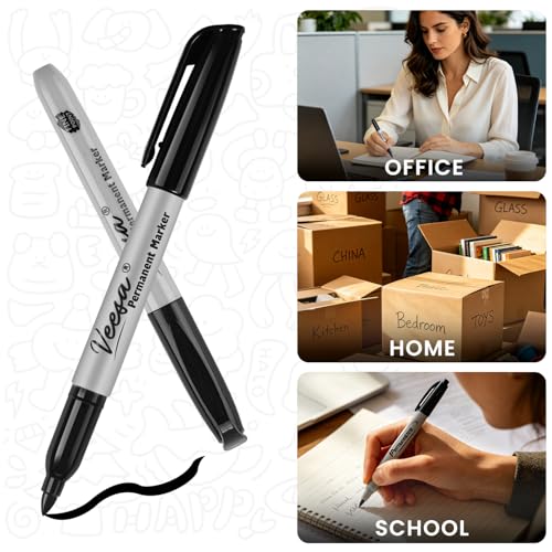 Image of VEESA Black Permanent Markers Fine Tip, 75 Count, Quick Drying | Water- & Fade-Resistant, Marks on Wood Plastic Paper Metal