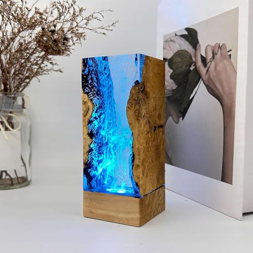 VISIOLEX Lampada da Tavolo LED in Legno e Resina – Luci Notturne Alimentate via USB, Effetti di Colore Variabili, Oggetto d'Arte Artigianale in Legno Naturale e Resina (15×6×6cm)