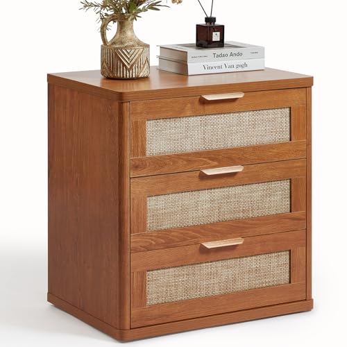 Image of LEYAOYAO Rattan 23 inch Nightstands with Drawers for Bedroom | Gold Metal Handle, Storage Shelf, Brown Night Stand, Boho Bedside Table, Bed Side End Tables Living Room, Hallway