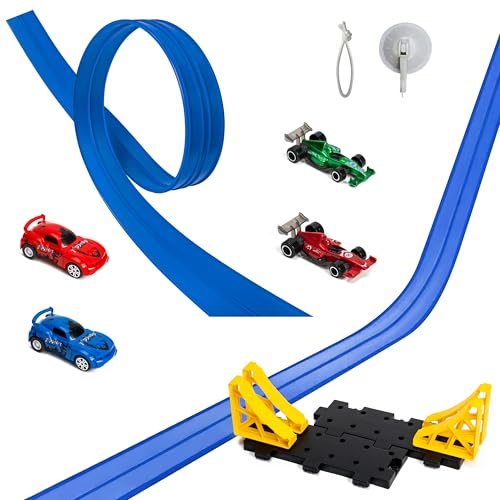 GROBRO7 Flexible Autorennbahn Kinder Spielzeugauto, 5M Dual Rennstrecke Rampen mit 4 Race Car, Rolls Up Rennbahn Mounts on T&uuml;ren W&auml;nden, STEM-Lernspielzeug f&uuml;r Jungen M&auml;dchen Geburtstagsgeschenk, Blau