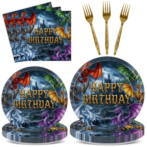96PCS Dragon Birthday Party Decorations Medieval Dragon Plates and Napkins