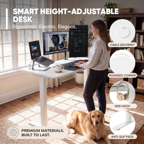 Image of Furmax Electric Height Adjustable Standing Desk Large 48 x 24 Inches Sit Stand up Desk Home Office Computer Desk Memory Preset with T-Shaped Metal Bracket, White