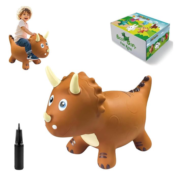 Image of HotMax Dinosaur Bouncy Hopper Toys, Inflatable Ride on Bouncy Animals, Triceratops for Kids, Birthday Gift for 18 Months - 4 Year Old Boy or Girl (Brown)